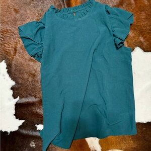 Short sleeve ruffle blouse, teal, high neck